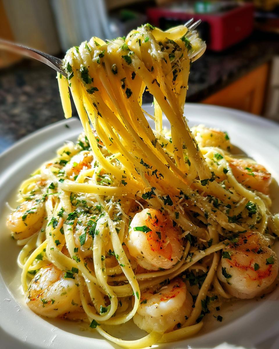 A fork lifts long strands of pasta coated in sauce and herbs from a plate of shrimp seafood pasta.