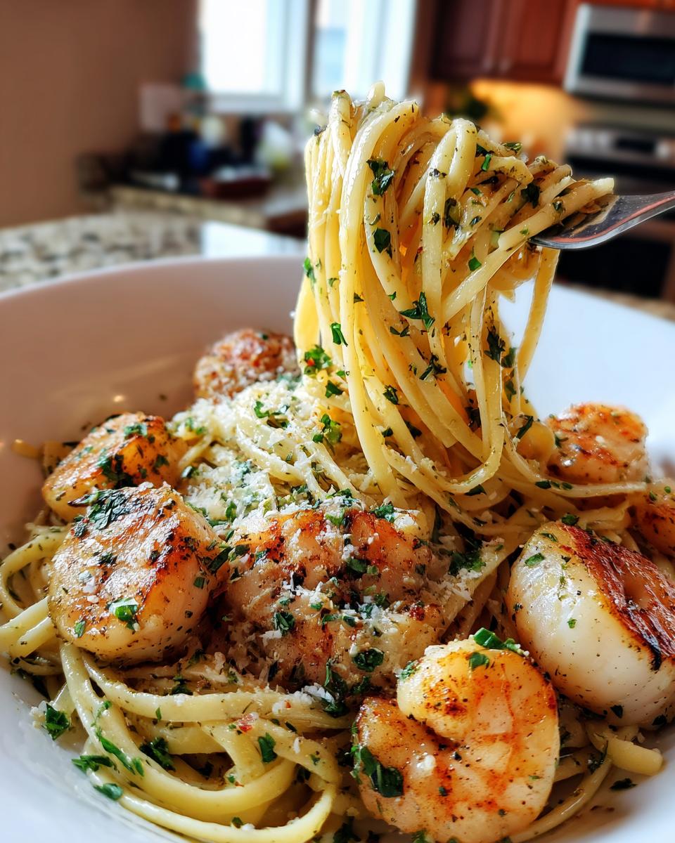 A fork lifts linguine from a bowl of amazing seafood pasta topped with seared shrimp and scallops, parsley, and Parmesan cheese.