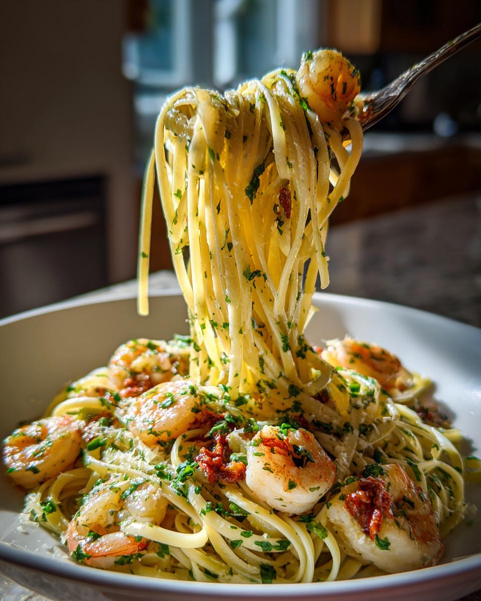 A fork lifts a generous swirl of linguine from a bowl of delicious seafood pasta featuring plump shrimp and herbs.