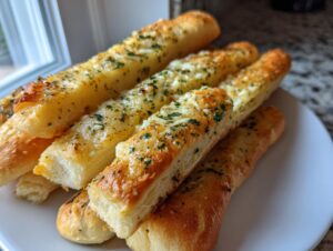 A stack of freshly baked, soft breadsticks topped with melted cheese and green herbs, likely parsley.