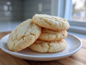 A stack of four perfectly baked sugar cookie rounds sprinkled with coarse sugar, resting on a white plate.