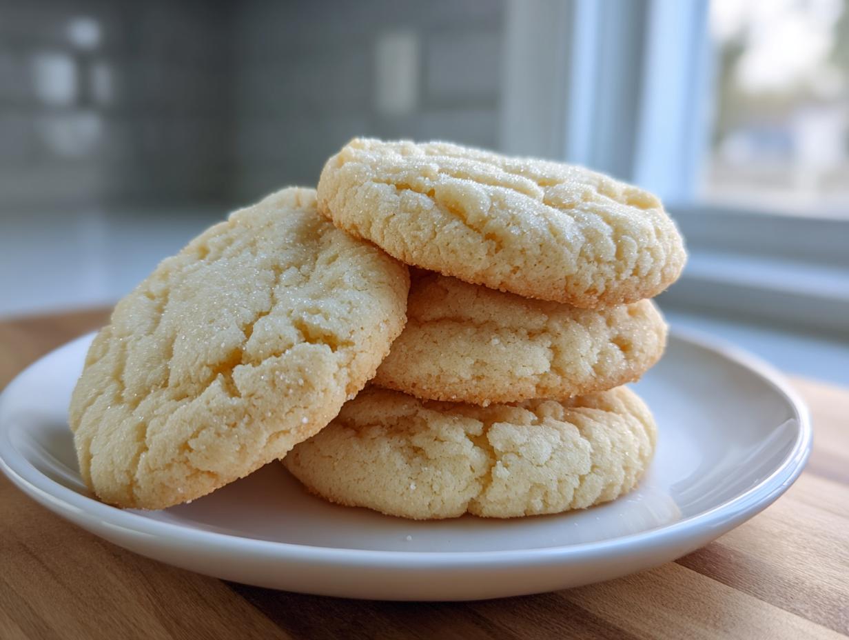 A stack of four perfectly baked sugar cookie rounds sprinkled with coarse sugar, resting on a white plate.