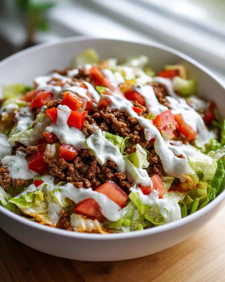 A close-up view of a fresh taco salad featuring seasoned ground beef, chopped tomatoes, lettuce, and a drizzle of white dressing.