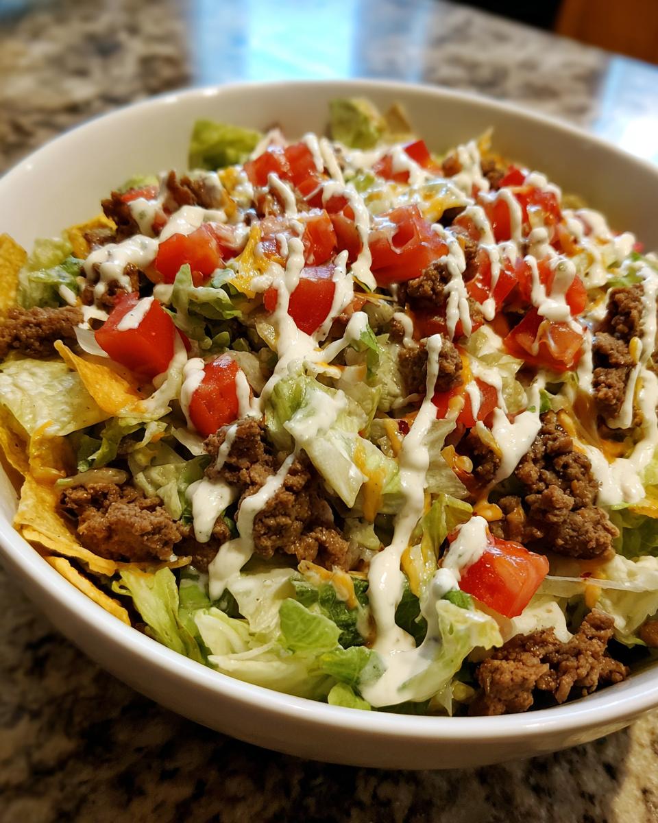 A delicious, fully loaded taco salad with seasoned ground beef, lettuce, tomatoes, cheese, and a creamy dressing drizzle.