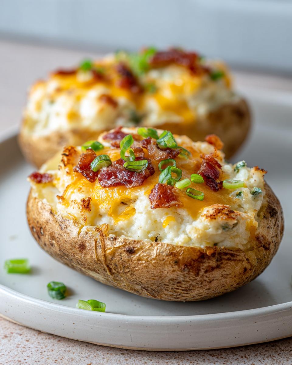 A close-up of one amazing twice baked potato topped with melted cheddar cheese, bacon bits, and green onions.