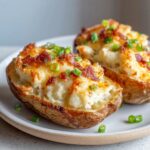 Two perfectly golden twice baked potatoes stuffed with creamy filling, topped with melted cheese, bacon bits, and green onions.