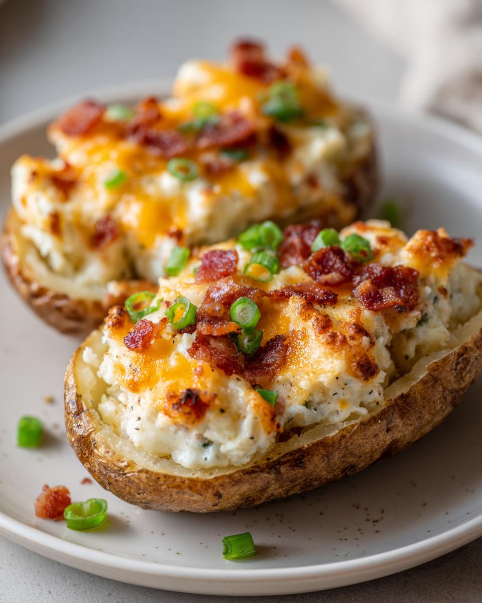 Close-up of two loaded twice baked potatoes topped with melted cheddar, bacon bits, and green onions.