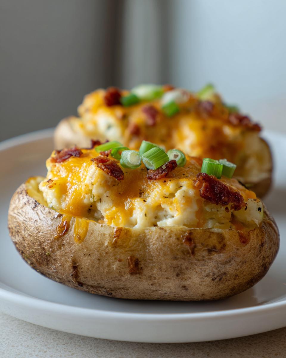 Close-up of a delicious twice baked potato stuffed with creamy filling, melted cheddar cheese, bacon bits, and green onions.