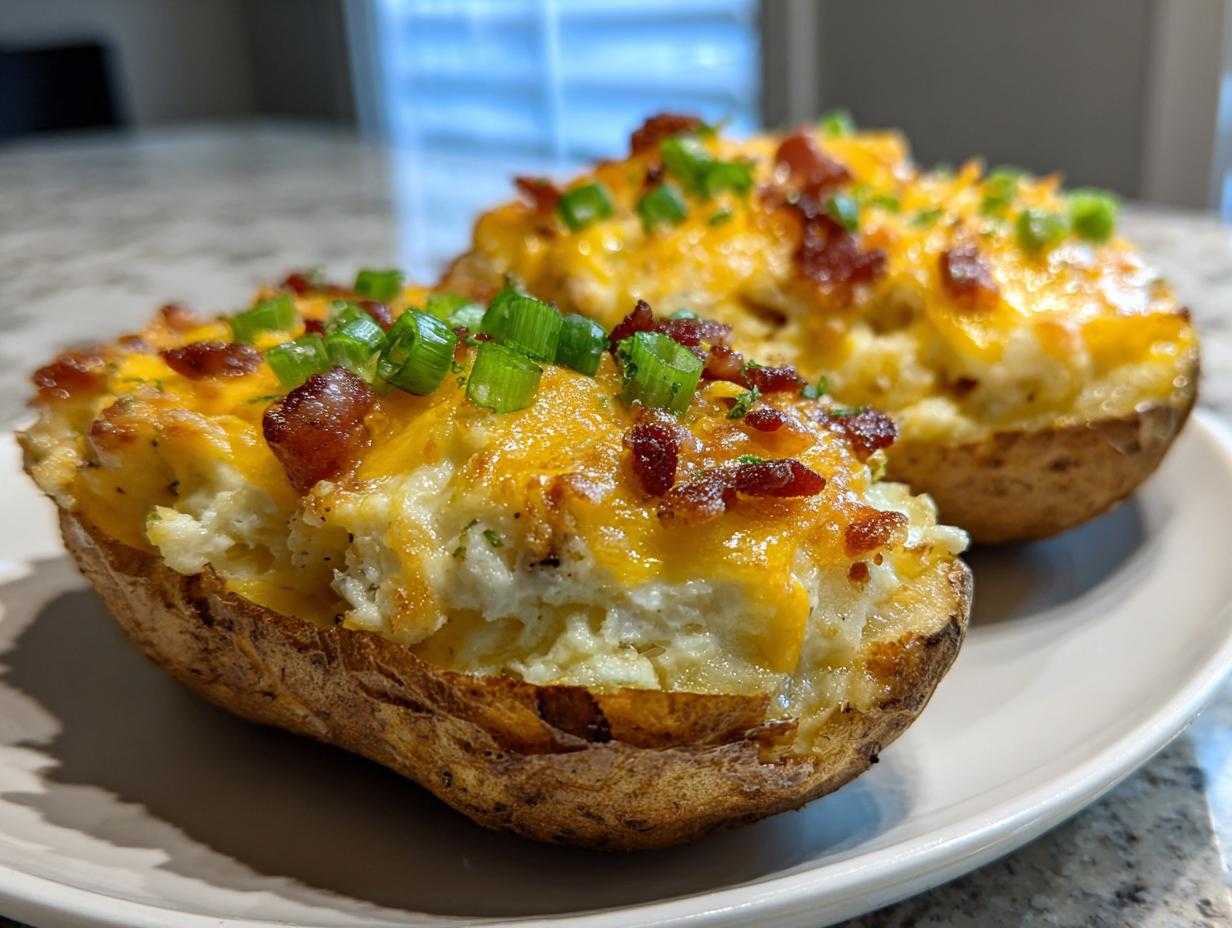 Two delicious twice baked potatoes loaded with creamy filling, melted cheddar cheese, bacon bits, and green onions.