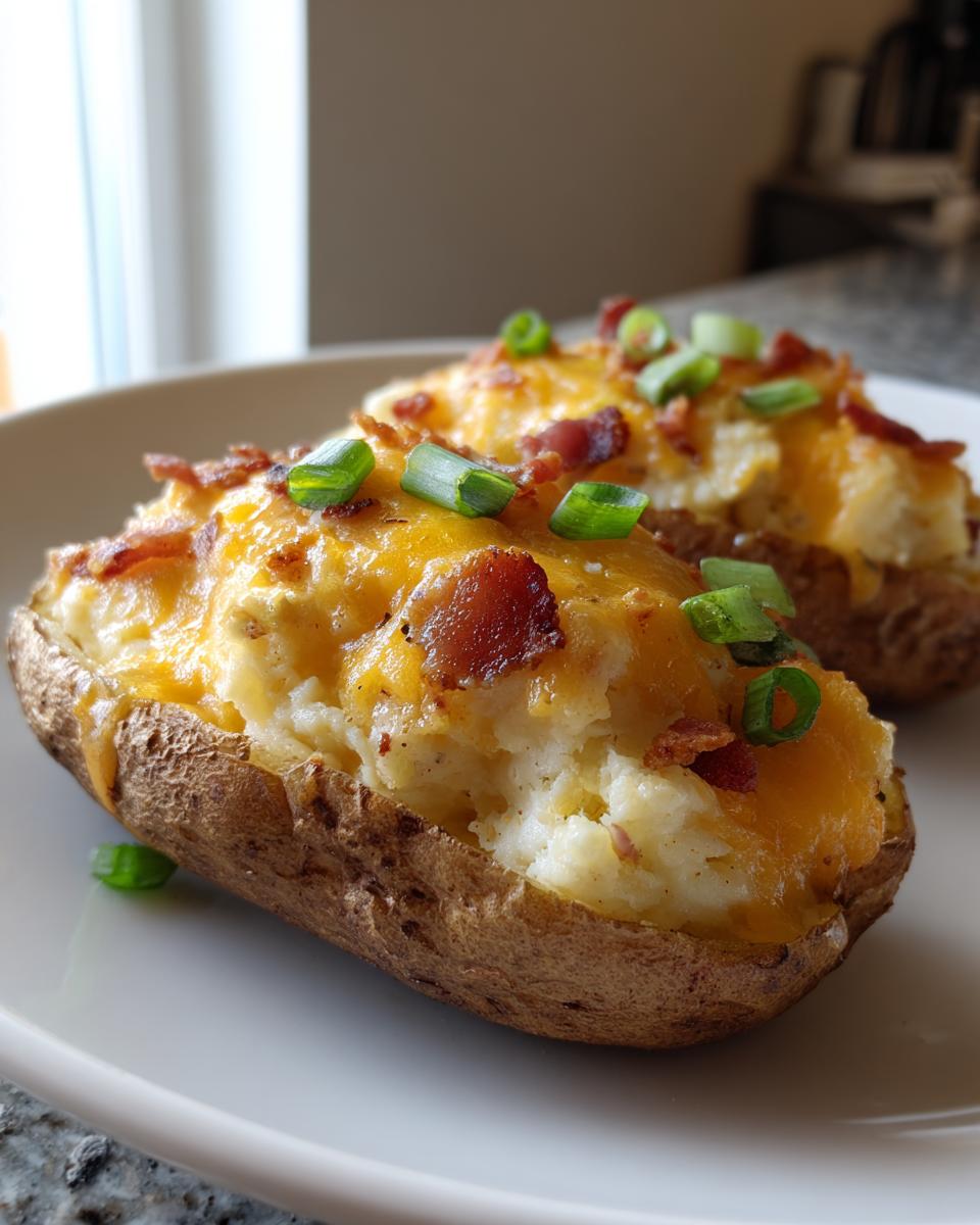Two perfectly prepared twice baked potatoes loaded with melted cheddar cheese, bacon bits, and green onions.