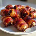 A plate of perfectly cooked, glazed bacon-wrapped dates, showing crispy bacon and a hint of filling.