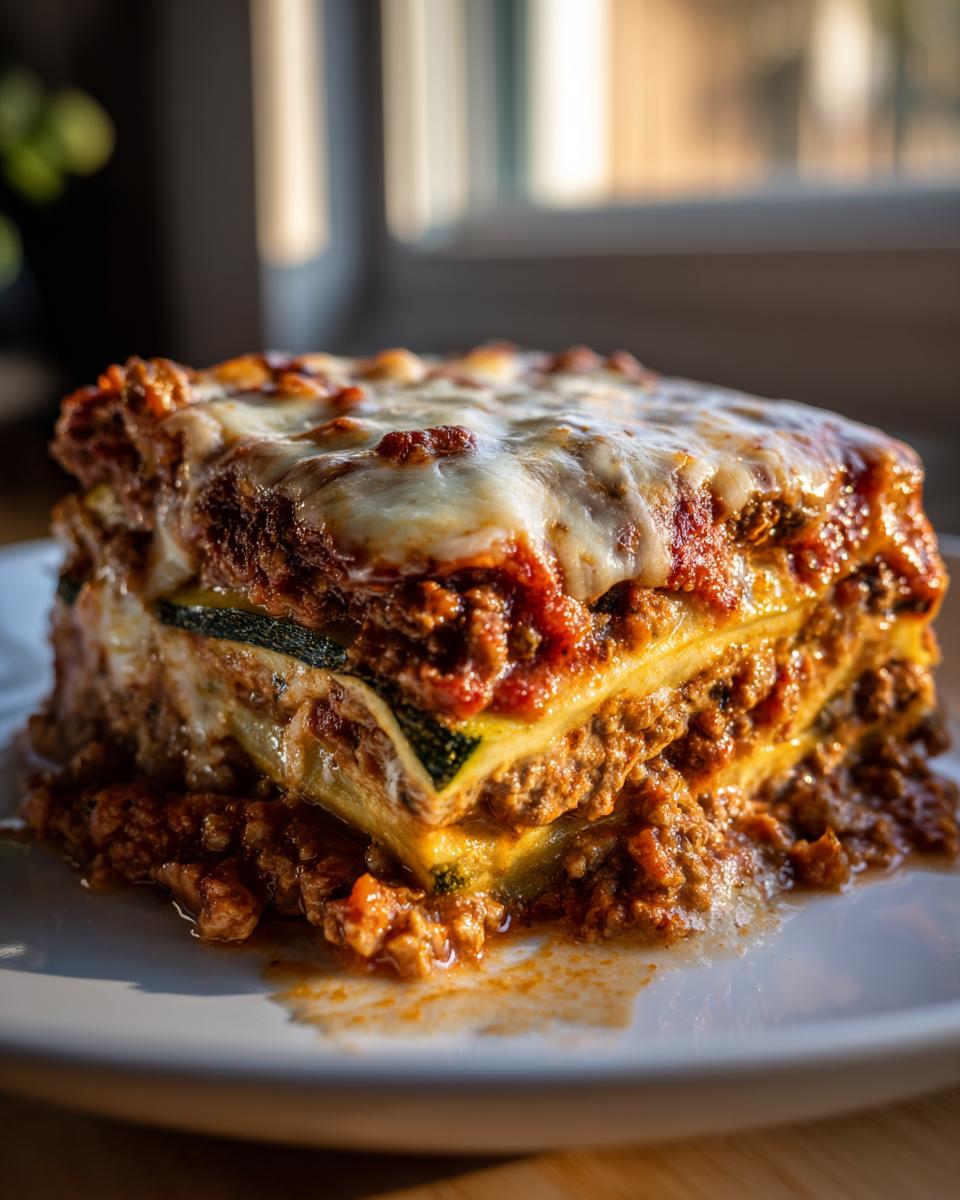 A close-up, appetizing slice of zucchini lasagna layered with meat sauce and topped with melted mozzarella cheese.