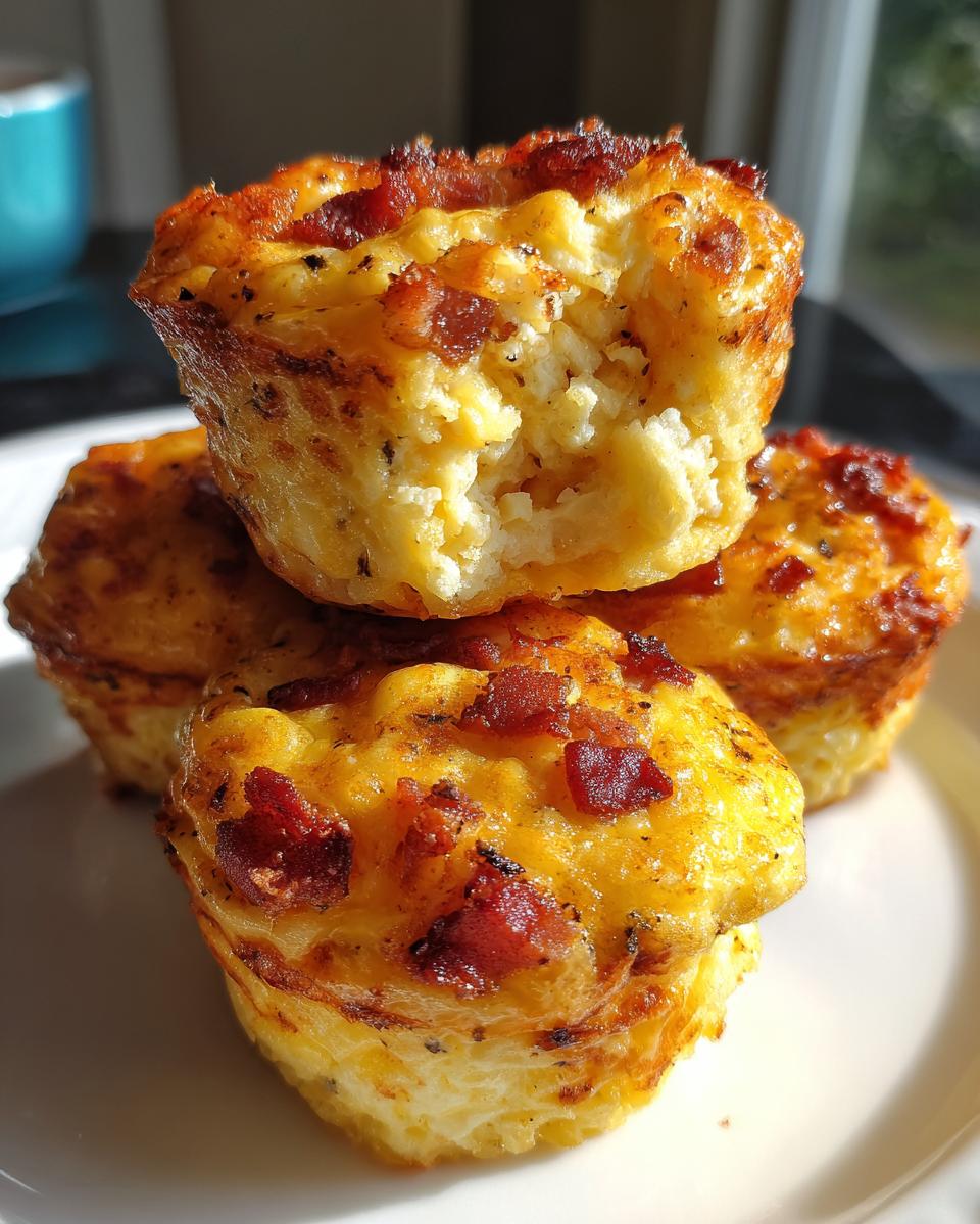 A stack of three golden brown, baked egg bites topped with crispy bacon pieces, one is broken open.