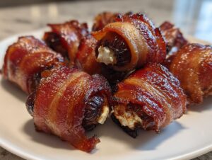 A close-up of several glazed, crispy bacon-wrapped dates stuffed with white cheese, served on a white plate.