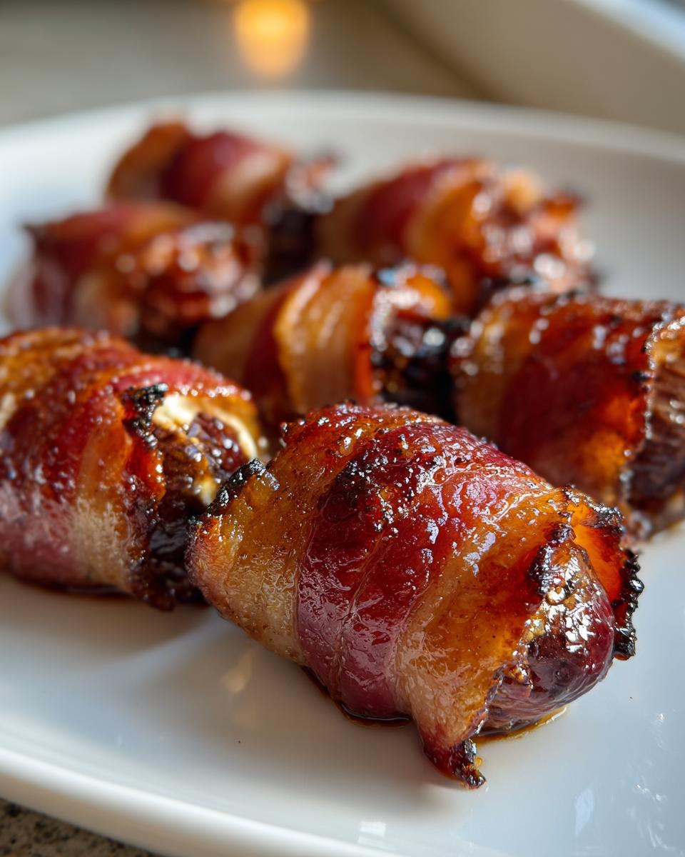 A close-up of several perfectly cooked, glossy bacon-wrapped dates arranged on a white plate.