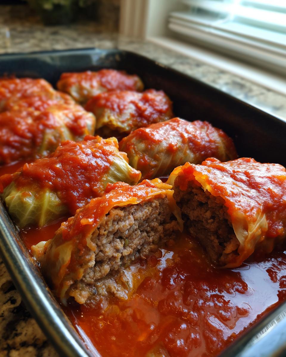Close-up of baked cabbage rolls covered in rich tomato sauce, showing the meaty filling inside one cut roll.