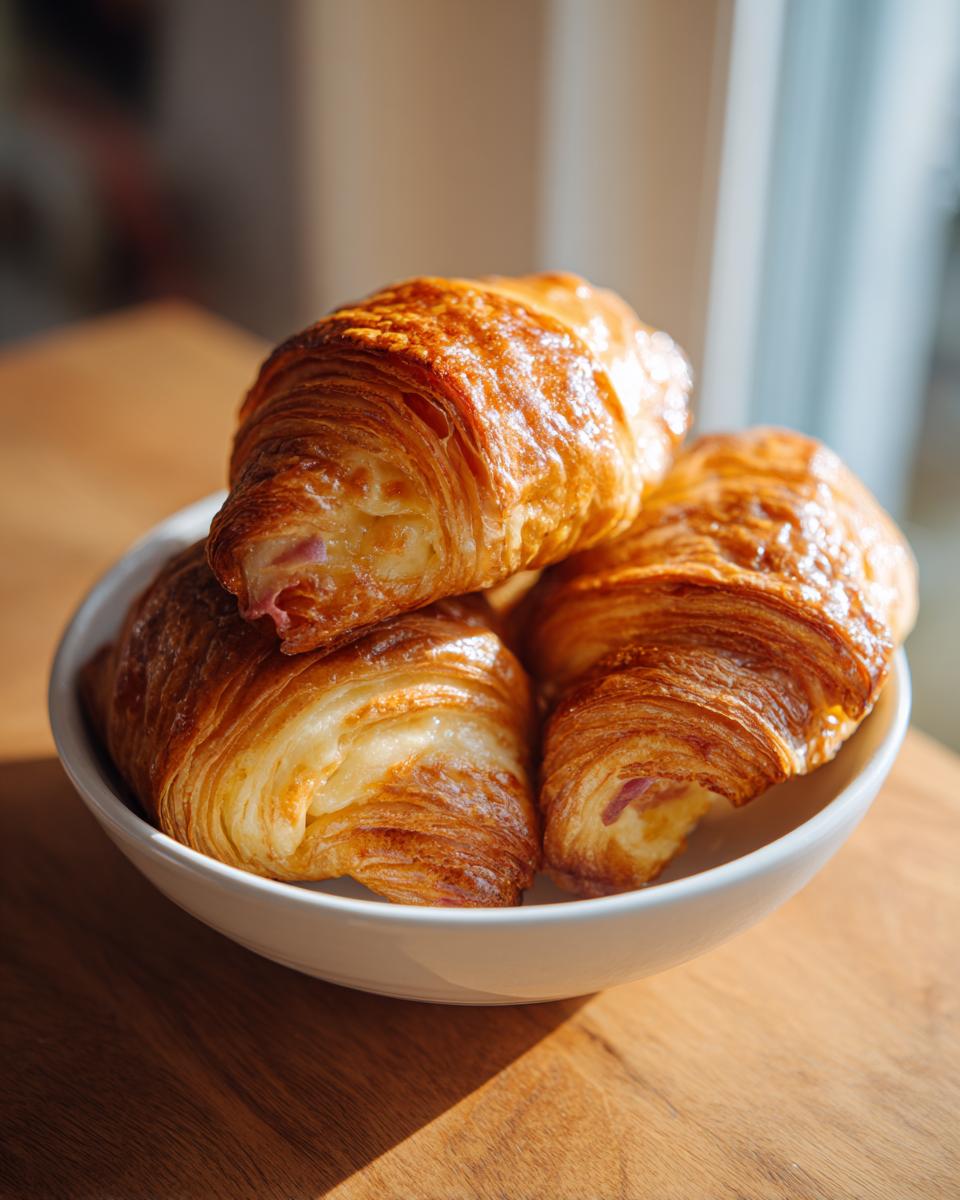 Three golden brown baked ham and cheese croissants stacked in a white bowl on a wooden surface.