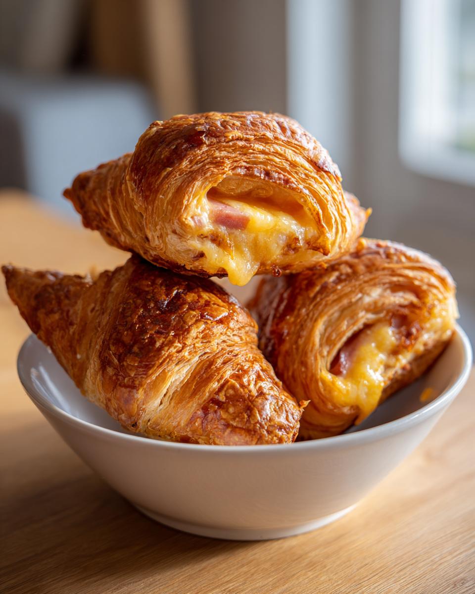 Three golden brown baked ham and cheese croissants stacked in a white bowl, showing melted cheese oozing out.