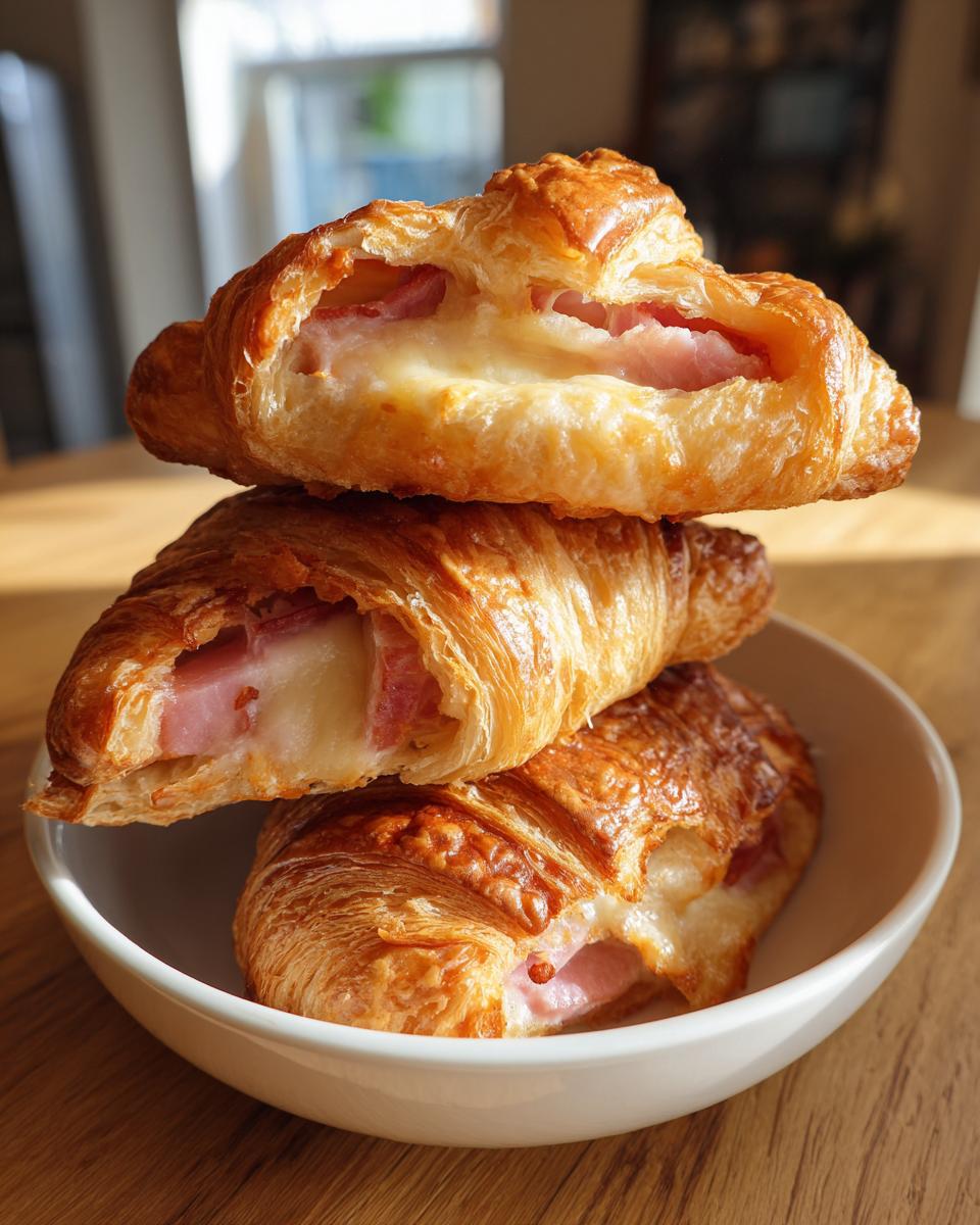 Three golden brown baked ham and cheese croissants stacked in a white bowl, showing melted cheese.