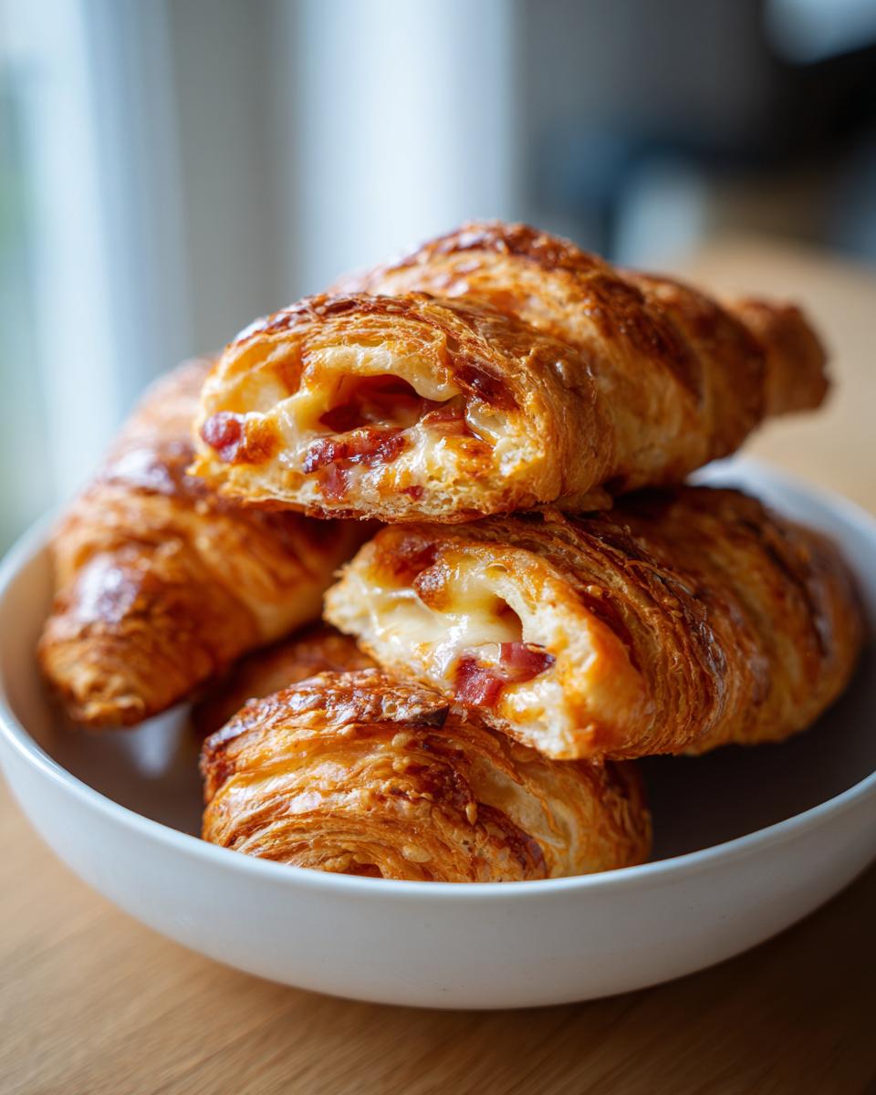 Close-up of golden baked ham and cheese croissants stacked in a white bowl, showing melted cheese filling.