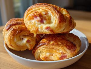 Three golden brown baked ham and cheese croissants stacked in a white bowl, showing melted cheese filling.
