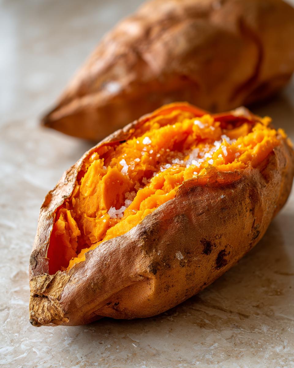 Close-up of a freshly baked sweet potato, split open to show the bright orange, fluffy interior topped with coarse sea salt.