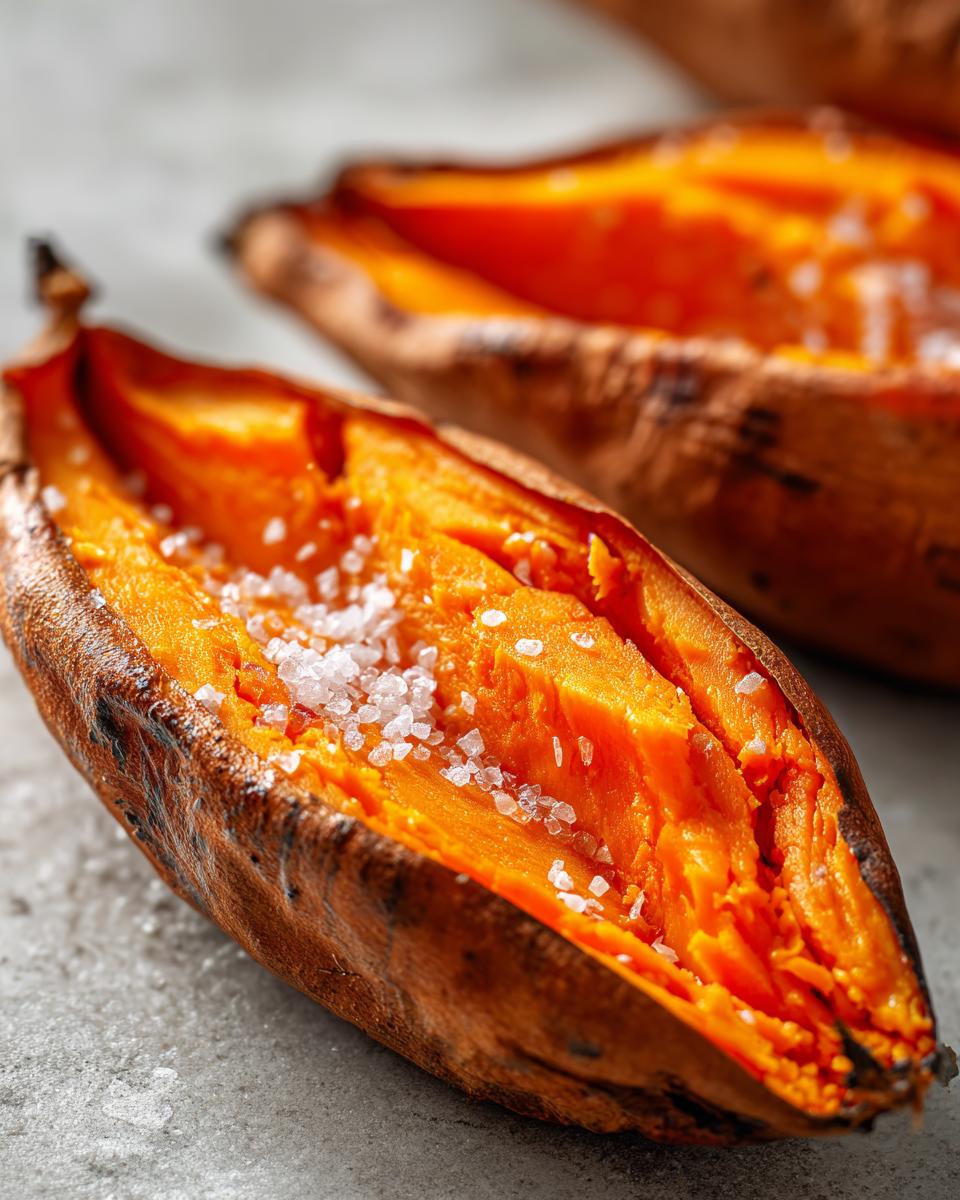 Close-up of a perfectly baked sweet potato, split open and topped with coarse sea salt crystals.