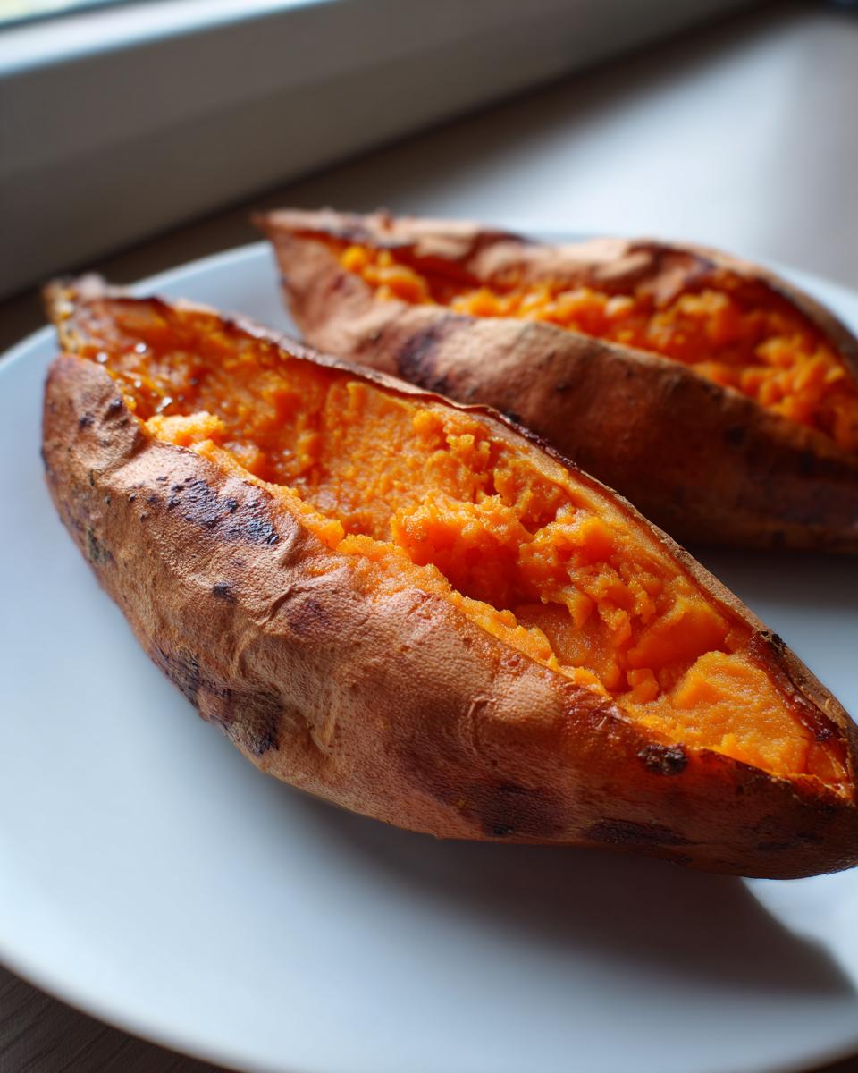 Two perfectly cooked baked sweet potatoes, split open to show the bright orange, fluffy interior.