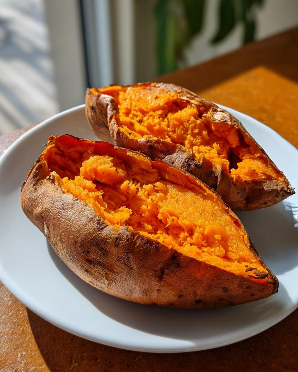Two halves of a perfectly cooked baked sweet potatoes showing the bright orange, fluffy interior on a white plate.