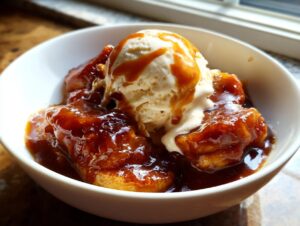 A close-up of warm bananas foster sauce covering caramelized bananas, topped with a scoop of melting vanilla ice cream.