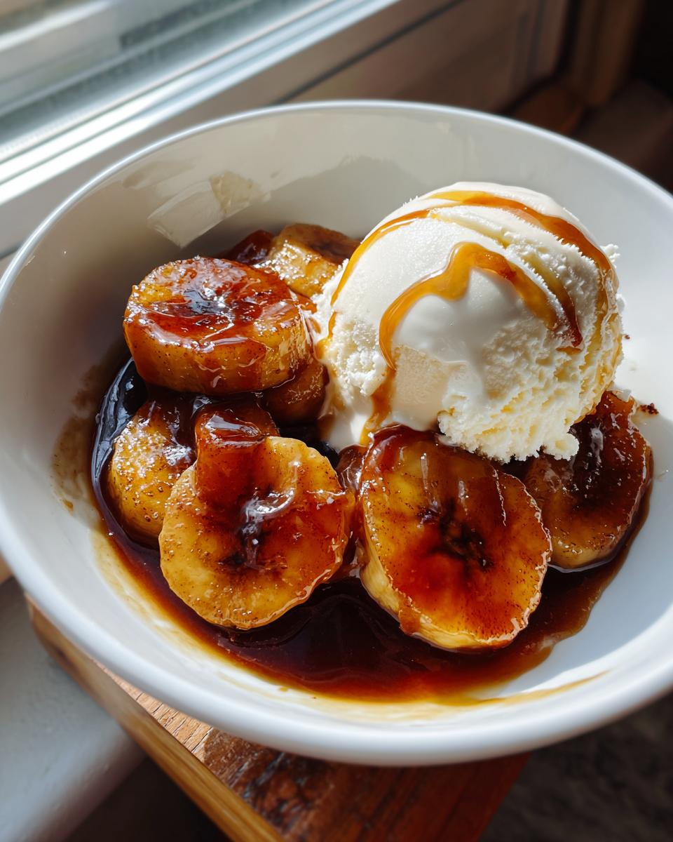 Close-up of caramelized bananas foster slices topped with a scoop of vanilla ice cream and caramel drizzle.