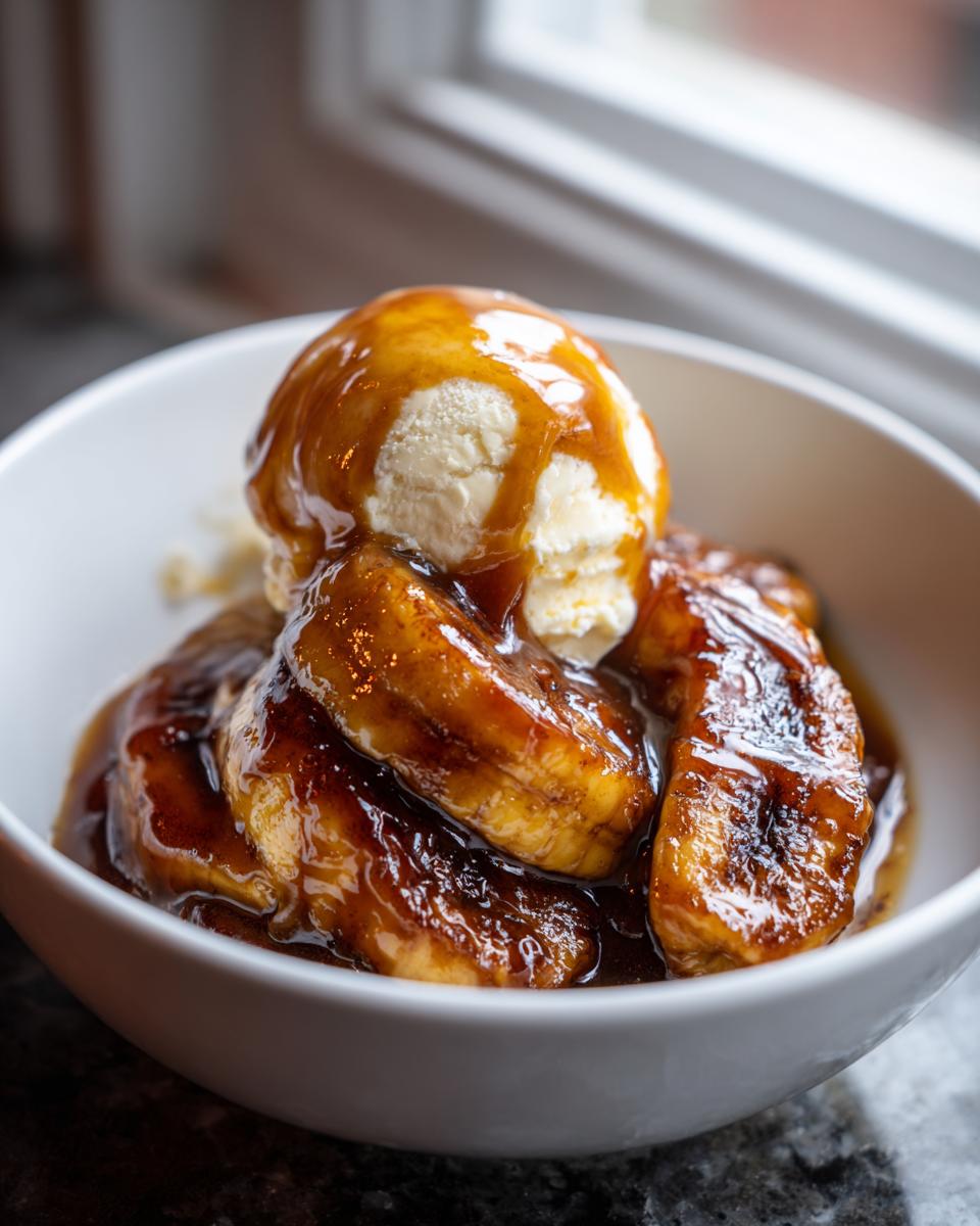 Close-up of caramelized bananas in rich sauce topped with vanilla ice cream, classic Bananas Foster dessert.
