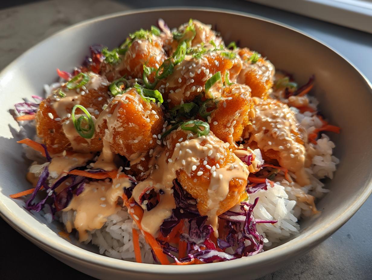 Close-up of a Bang Bang Salmon Bowl featuring crispy salmon pieces over rice, drizzled with sauce and garnished with sesame seeds.