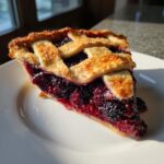 A close-up slice of amazing blackberry pie perfection showing juicy filling and a golden lattice crust on a white plate.