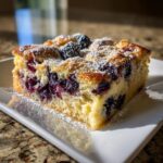 A square slice of golden blueberry french toast casserole topped with powdered sugar on a white plate.