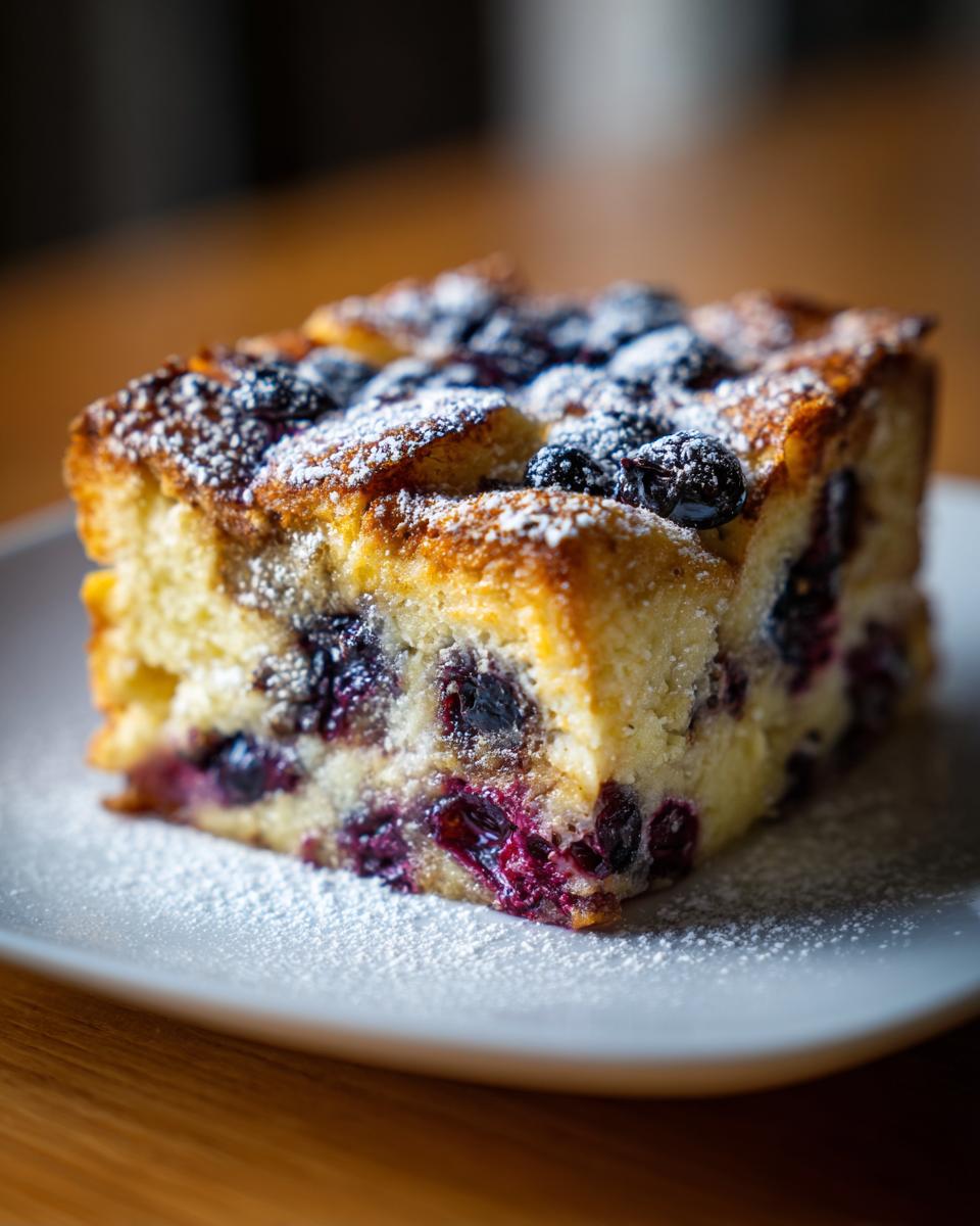 A close-up of a single serving slice of blueberry french toast casserole, dusted with powdered sugar.