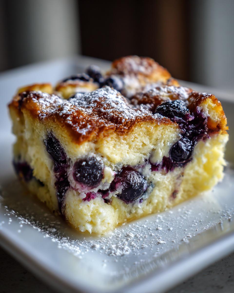 Close-up of a golden slice of blueberry french toast casserole dusted with powdered sugar on a white plate.