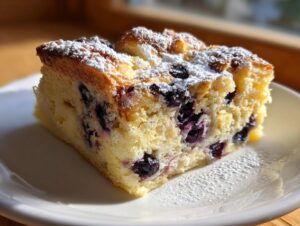Close-up of a golden slice of blueberry french toast casserole dusted with powdered sugar on a white plate.
