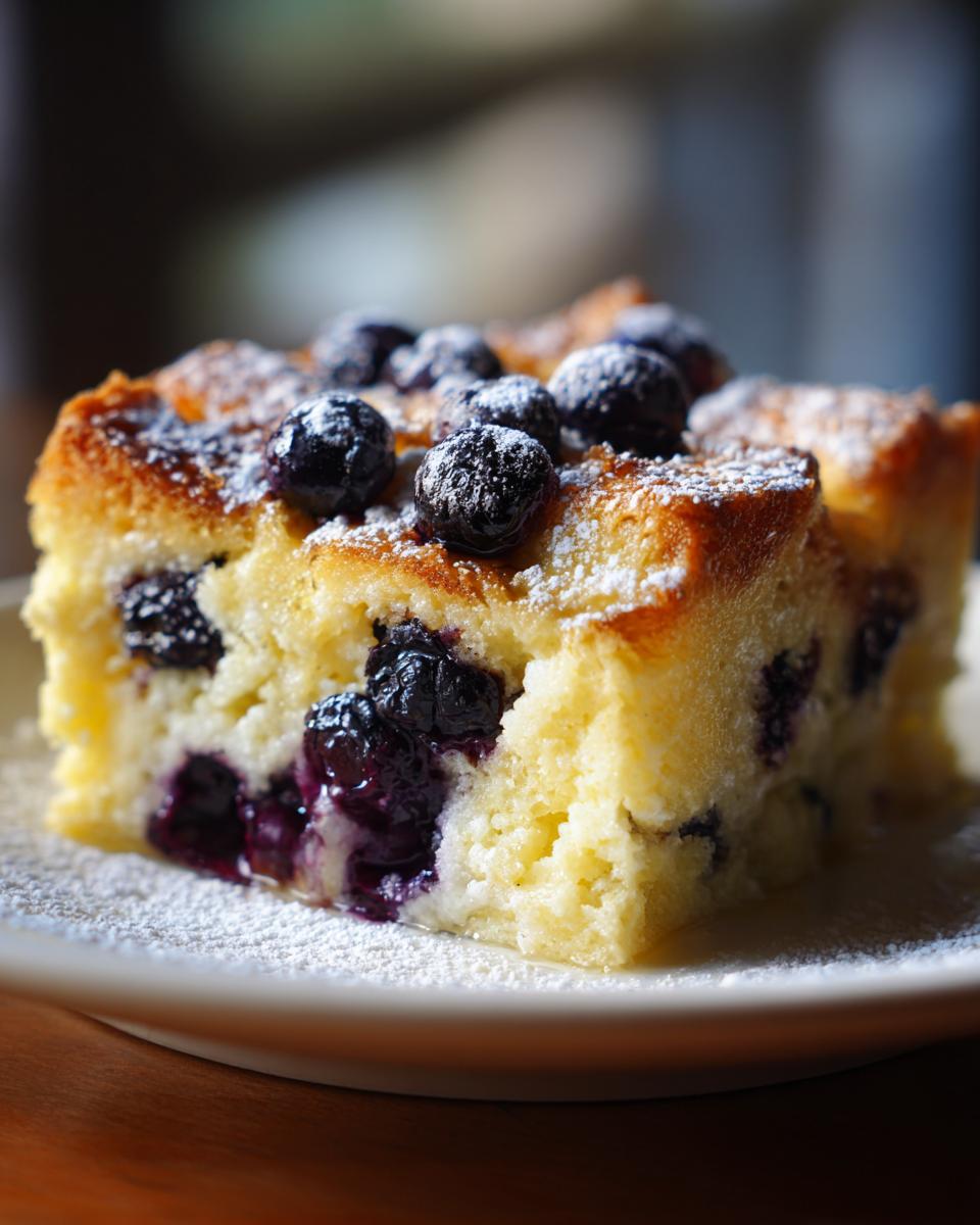 A close-up of a single serving of moist blueberry french toast casserole topped with fresh blueberries and powdered sugar.