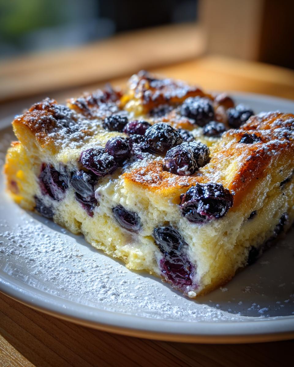 A close-up of a square slice of golden blueberry french toast casserole dusted with powdered sugar.