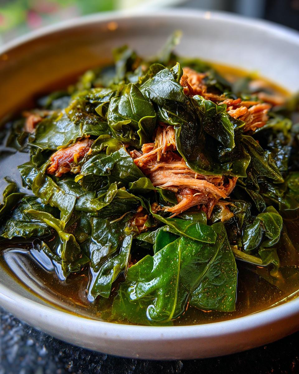 Close-up of tender, braised collard greens served in a bowl with savory pulled meat and rich broth.