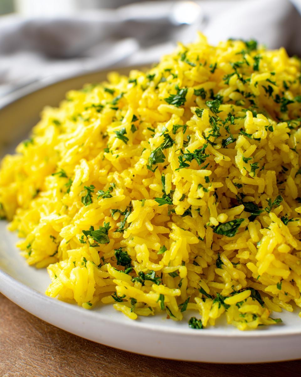 Close-up of fluffy, yellow mediterranean rice seasoned and topped with fresh chopped parsley on a white plate.