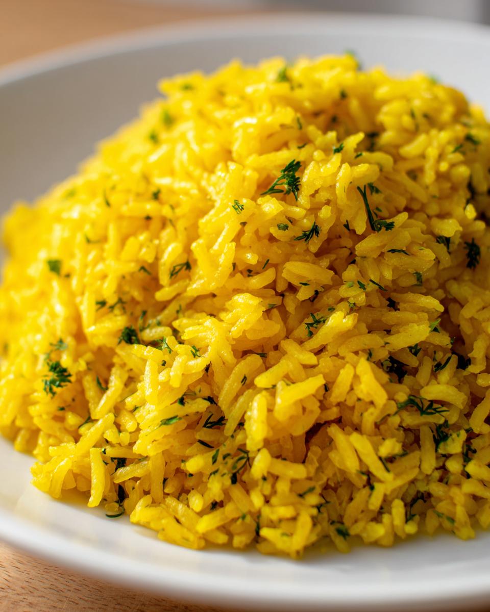 Close-up of fluffy, bright yellow mediterranean rice garnished with finely chopped green herbs.