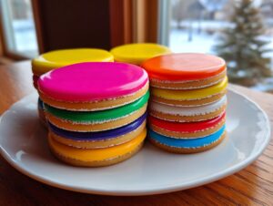 Two stacks of round sugar cookies topped with vibrant, glossy cookie icing in rainbow colors like pink, green, orange, and blue.