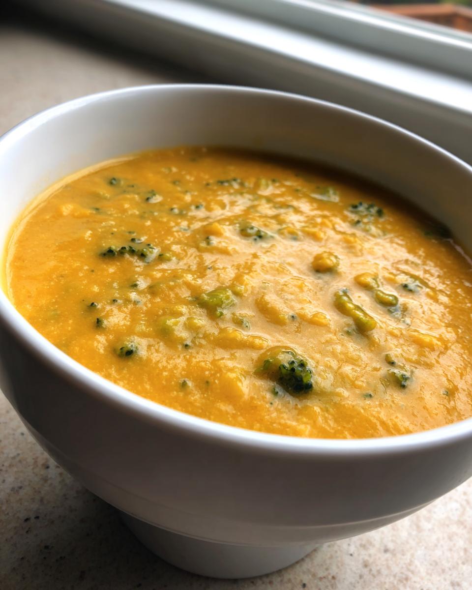 Close-up of a bowl of thick, vibrant orange broccoli cheddar soup with visible green broccoli florets.