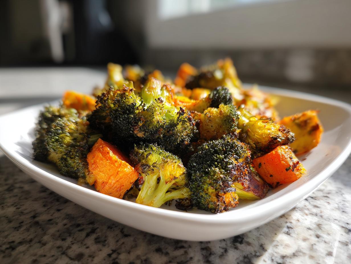 Close-up of perfectly charred broccoli florets and bright orange sweet potato chunks in a white bowl, showcasing excellent roasted vegetables.