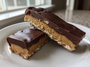 Two rich buckeye graham crackers bars stacked slightly, showing the graham cracker base, peanut butter layer, and chocolate topping.