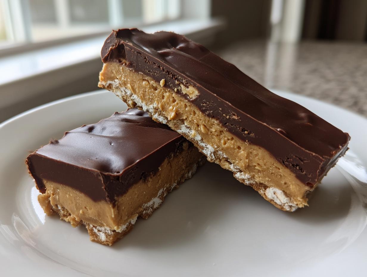 Two rich buckeye graham crackers bars stacked slightly, showing the graham cracker base, peanut butter layer, and chocolate topping.