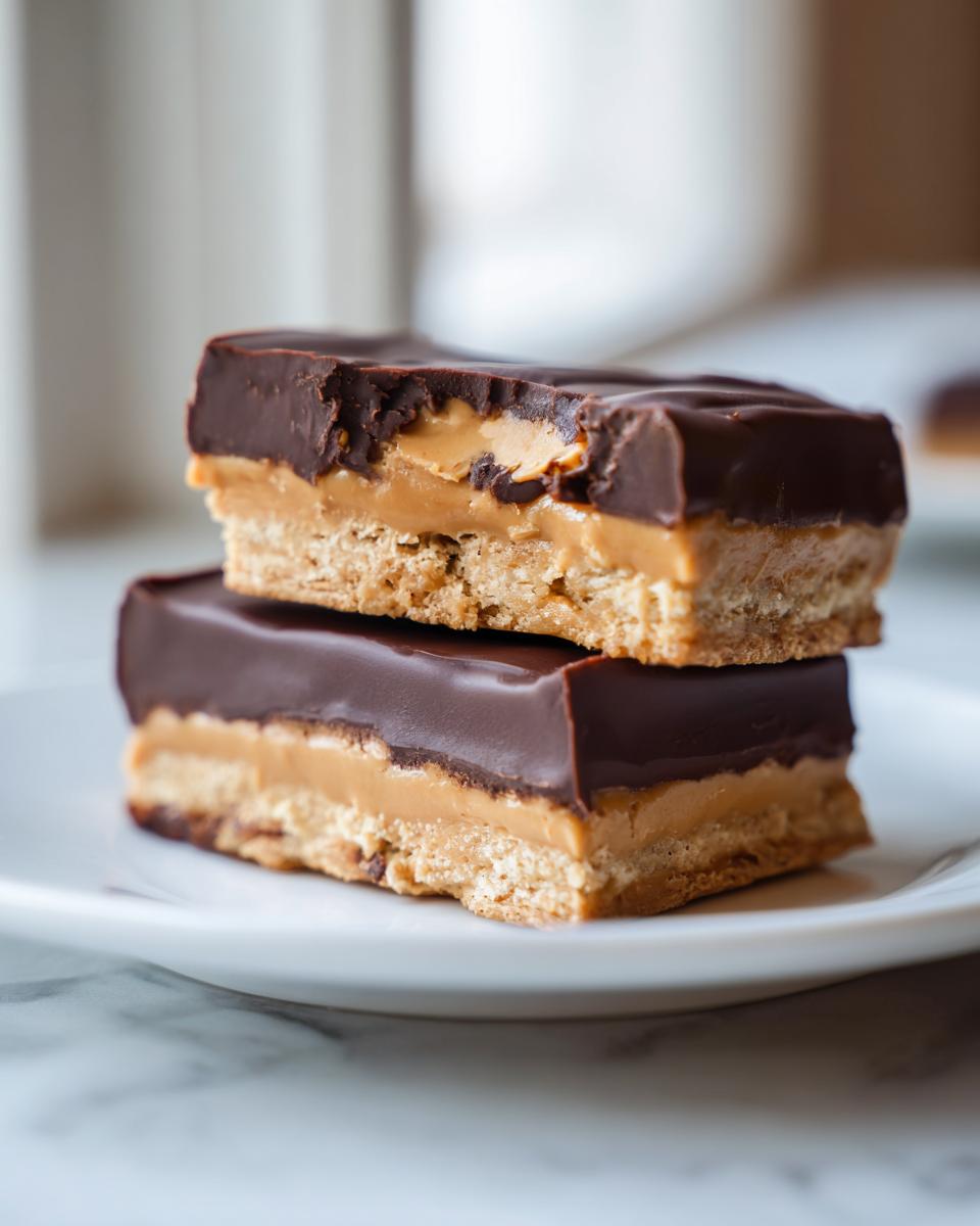 Two stacked bars of buckeye graham crackers with a crust, peanut butter filling, and chocolate topping on a white plate.