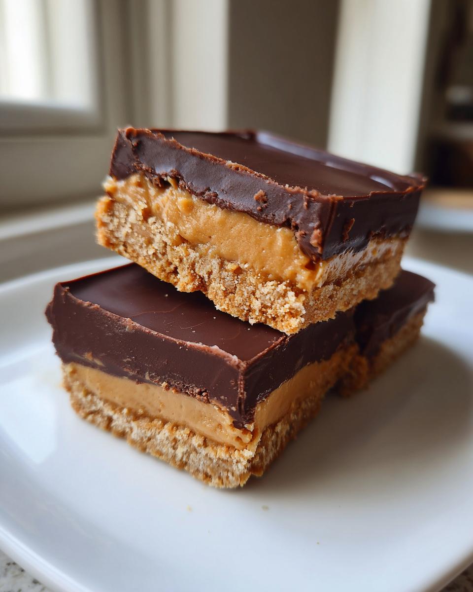Two stacked squares of Buckeye Graham Crackers bars featuring a crumbly base, peanut butter layer, and chocolate topping.